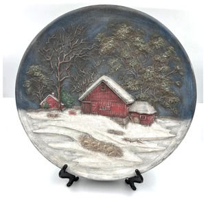 Vintage 3D Winter Barn Farm Ceramic Plate Byron Molds '77 SR Handmade Painted